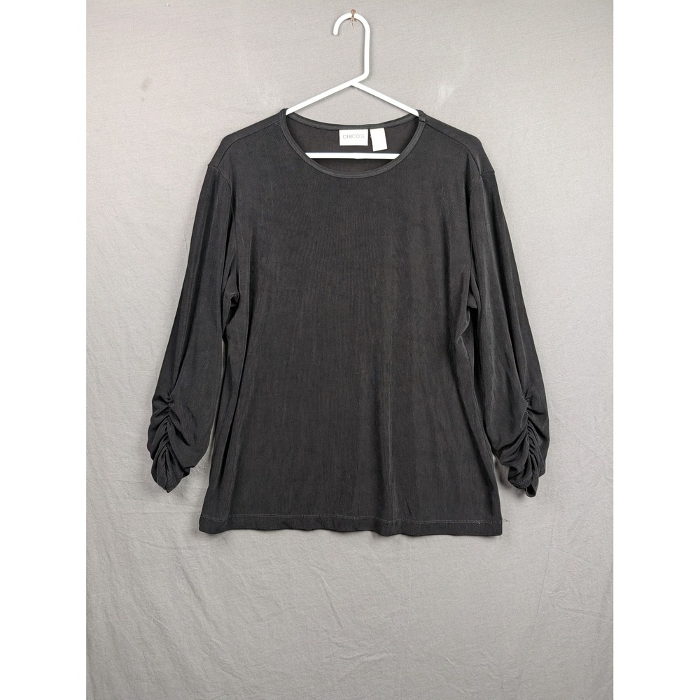 Chico's Travelers Slinky Knit Ruched Sleeve Top‎ Black Size 3 XL